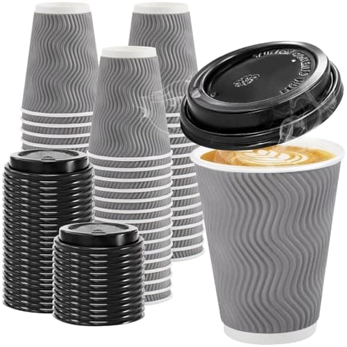 Clawsoff 100 Pack 12 oz Disposable Coffee Cups with Lids, Insulated Ripple Wall To-Go Paper Coffee Cups Suitable for Chocolate Cocoa and Hot/Cold Drinks (Grey) - Image 1