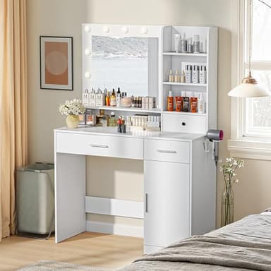 Sweetcrispy Vanity Desk with Adjustable Lighten Mirror & Power Outlet, Makeup Desk for Bedroom with a Storage Cabinet and 3 Drawers, 4 Storage Shelves, White Dresser for Girls - Image 2