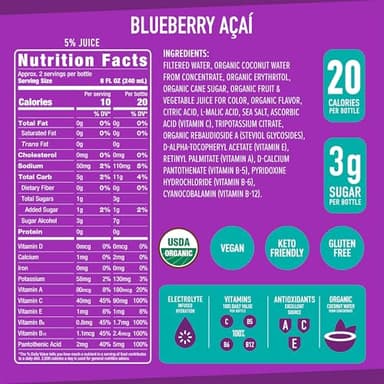 Roar Organic Electrolyte Infusions - USDA Organic - Blueberry Acai - with Antioxidants, B Vitamins, Low-Calorie, Low-Sugar, Low-Carb, Coconut Water Infused Beverage 18 Fl Oz (Pack of 12) - Image 3