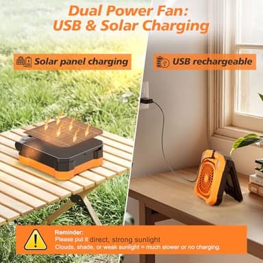 Camping Fan Battery Powered & Solar Powered, Portable Solar Fan 10000mAh Rechargeable Outdoor Fans with Light, Quiet Cordless Fans for Tent, RV, Emergency, Hiking, Power Outage, Desk, Survival Kit - Image 5
