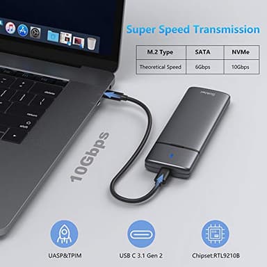 M.2 NVMe SATA SSD Enclosure Adapter Tool-Free,Sokiwi USB 3.2 Gen2 10Gbps External to USB PCI-E 6Gbps SATA M-Key / B+M Key, NVMe Reader Support UASP Trim for SSDs 2230/2242/2260/2280 - Image 2
