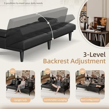 Shintenchi Futon Sofa Bed, Leather Foldable Couch, Reclining Sleeper w/Removable Armrests, Upholstered Loveseat w/Folding Cup Holders for Home, Office, Black - Image 5