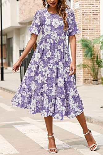 STYLEWORD Women's Summer 2025 Casual Short Sleeve Tiered Flowy Spring Dress Long Midi Beach Sundress Vacation Outfits(Floral15,L) - Image 2