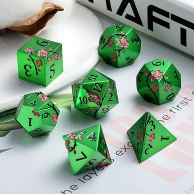 Matt Green Metal Dice Set, DNDND 7 PCS Heavy Metallic D&D Dice Set with Gorgeous Gift Case for Dungeons and Dragon Tabletop Game (Matte Green with Pink Flower) - Image 3