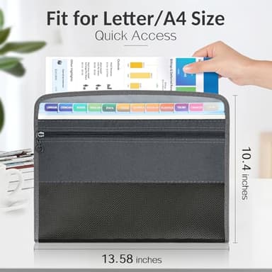 Sooez Accordion File Organizer with Safe Zipper, 12 Pocket Expanding File Folder with Front Pencil Pouch, Portable Monthly Paper Bill Tax Receipt Organizer, School Office Supplies, Letter Size, Grey - Image 5