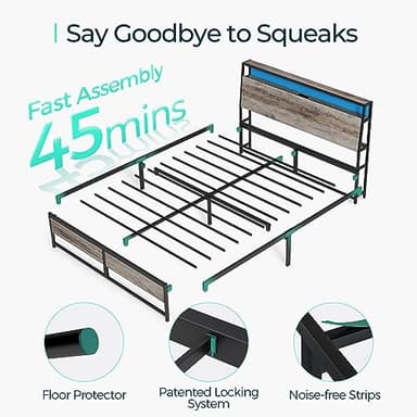 LINSY Queen Bed Frame with Ergonomic Headboard, Platform Metal Bed Frame with RGB Lights, Outlets & Charger, 45 Minutes Fast Assembly Bed Queen Size with Storage, No Box Spring Needed, Greige - Image 6
