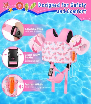 MoKo Swim Arm Floaties 15-30 lbs, Toddler Swim Vest for Kids Cartoon Swimming Water Wings with Crotch Strap, Pool Float Vests Sleeves Shoulder Straps Arm Band for Children, Baby Pink Whale - Image 3