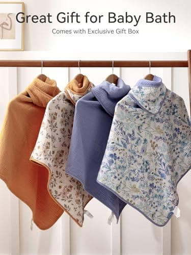 TILLYOU Muslin Hooded Baby Towels for Newborn 2 Pack, 32x32Inch Soft Baby Bath Towel Highly Absorbent for Newborn and Infant, Essential for Newborn Care, Blue Flower - Image 8