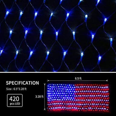 American Flag String Lights, Waterproof Led Flag Net Light, with 420 Super Bright LED, for Yard Garden Decoration, Festival, Holiday, Party Decoration,Christmas Decorations (Plug in Power) - Image 2