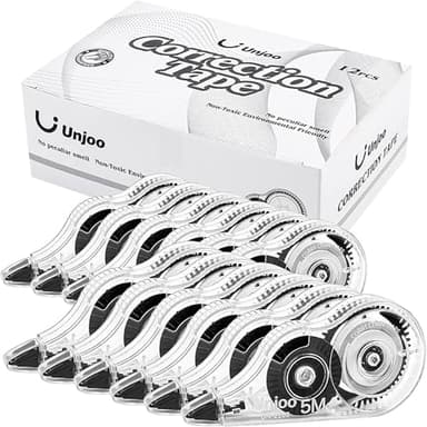 Unjoo White Correction Tape, Easy To Use Applicator for Instant Corrections Wrong Writing At Any Time, For school, Office (12pack, 5M/196" x 0.2", Black) - Image 1