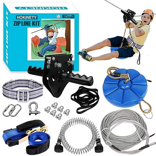 HOKINETY Zip Line Kit for Kids Adults : 100FT Up to 380Lbs - Quick Tighten Zipline for Backyard Outdoor with 100% Rust Proof Removable Trolley Seat Spring Brake - Image 1