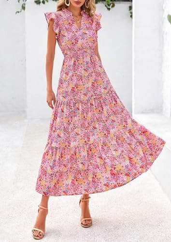 PRETTYGARDEN Women's 2025 Summer Floral Midi Dress Cap Sleeve V Neck Ruffle Long Flowy Boho Casual Beach Vacation Dresses (Floral Wine Red,Small) - Image 3