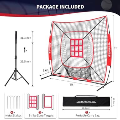 BAGAIL 7x7 ft Baseball & Softball Practice Net with Bow Frame for Batting, Hitting, Pitching, Portable Baseball Throwing Net with 2 Strike Zone Batting Tee, Carry Bag, Great for All Levels - Image 3
