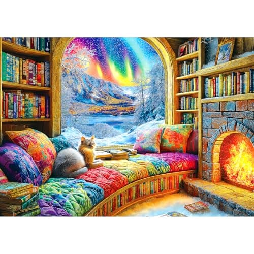 Northern Lights Landscape Jigsaw Puzzles for Adults Fantasy Fairy Cat 1000 Piece Book Room Puzzle for Adults with Letters on Back Challenging Family Puzzle - Image 1