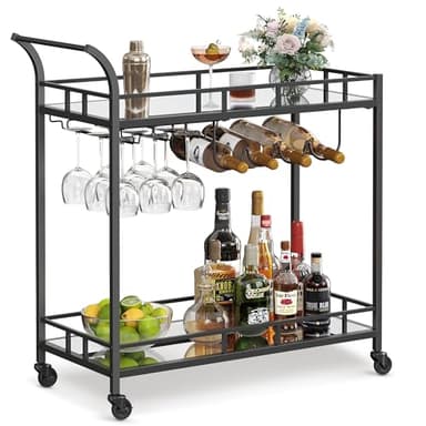 VASAGLE Bar Cart Black, Home Bar Serving Cart, Wine Cart with 2 Mirrored Shelves, Wine Holders, Glass Holders, for Kitchen, Dining Room, Black ULRC090B62 - Image 1