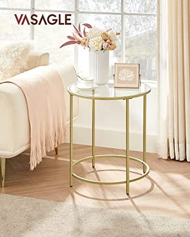 VASAGLE Round Side Tables, Set of 2, Glass End Tables with Metal Frame, Gold Coffee Tables with Modern Style, for Living Room, Balcony, Bedroom, Gold Color - Image 2