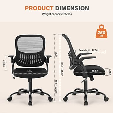Sweetcrispy Office Computer Desk Chair, Ergonomic Mid-Back Mesh Rolling Work Swivel Task Chairs with Wheels, Comfortable Lumbar Support, Comfy Flip-up Arms for Home, Bedroom, Study, Student, Black - Image 2