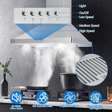 JustSmart Range Hood 30 Inch, Wall Mount Hood Vents for Kitchen, Stainless Steel Stove Kitchen Hood, 400CFM, Button Controls, 3-Speed Exhaust Fan, LED Lights, Reusable Baffle Filters, Silver - Image 5