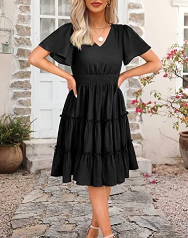 Zattcas Women 2025 Sping Summer Dress Short Sleeve V Neck Smocked Casual Flowy A Line Tiered Modest Teacher Work Graduation Wedding Guest Midi Dress Black M - Image 3