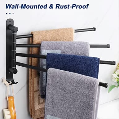 NearMoon Swivel Towel Rack, 13.8" Thicken 304 Stainless Steel 4-Arm Towel Bar, Space Saving Wall Mounted Towel Holder with Hook, Rustproof Swing Out Towel Hanger for Bathroom, Kitchen (Matte Black) - Image 4