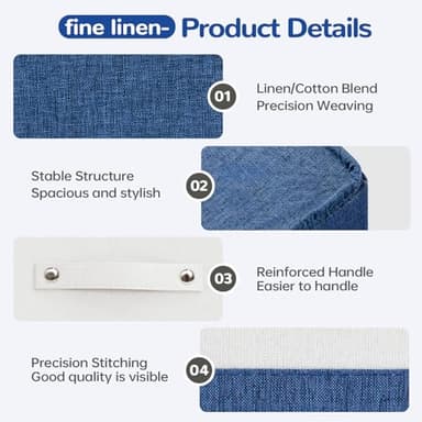 VQRTEXA 13 x 13 Inch Fabric Storage Cube Bins, 6 Pack Fine Linen Storage Boxes with Handles, Collapsible Basket Organizers for Shelves (White/Blue) - Image 5