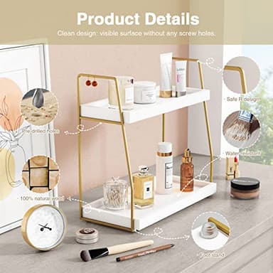 Forbena Bathroom Organizer Countertop, Counter Organizer for Bathroom Decor, Wooden Sink Shelf for Vanity Storage, Makeup Tray for Perfume Skincare Bedroom Kitchen Corner (2 Tier, White and Gold) - Image 7