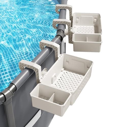 AquaJoyer 2 Sets of Poolside Storage Baskets with Cup Holders - Perfect for 3-Inch or Smaller Top Rails - Above Ground Pool Accessories - Fit for Most Above Ground Pool（Beige） - Image 1