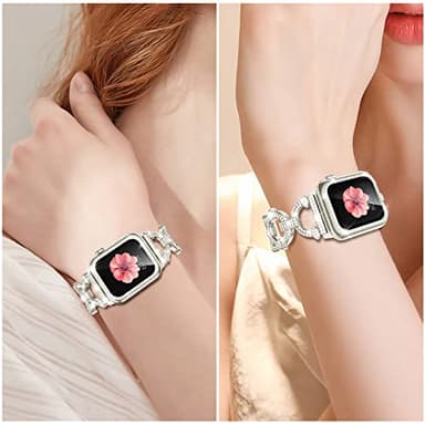 Mesime Compatible with Apple Watch Band 38mm 40mm 41mm 42mm 44mm 45mm , Women Girl Bling Diamond Jewelry Metal Strap Bands with Crystal Tempered Glass Screen Protector Case, Round Shiny Bracelet - Image 4
