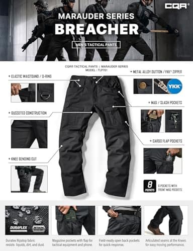 CQR Men's Flex Ripstop Tactical Pants, Water Resistant Stretch Cargo Pants, Lightweight EDC Hiking Work Pants, Breacher Black, 40W/34L - Image 7