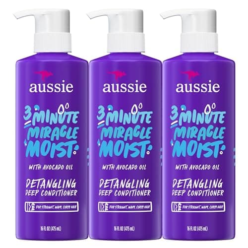 Aussie 3 Minute Miracle Moist Deep Conditioner for Dry Hair, Avocado & Jojoba Oil, Safe for Color Treated Hair, Nourishing Hydration, Silky Shine, Paraben-Free, 16 Fl Oz Each, Triple Pack - Image 1