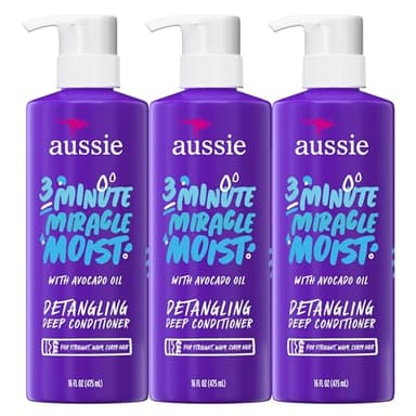 Aussie 3 Minute Miracle Moist Deep Conditioner for Dry Hair, Avocado & Jojoba Oil, Safe for Color Treated Hair, Nourishing Hydration, Silky Shine, Paraben-Free, 16 Fl Oz Each, Triple Pack - Image 1