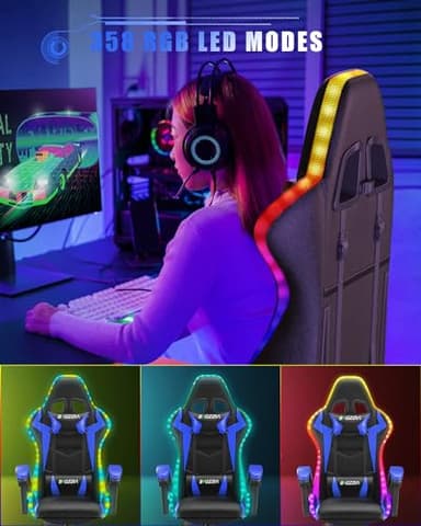 Bigzzia Gaming Chair with RGB LED Lights, High Back Ergonomic Computer Gamer Chair with Headrest and Lumbar Support, Racing Style Reclining Game Chair for Adults, Kids(Black/Blue) - Image 4