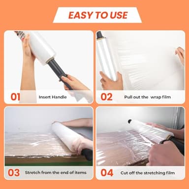 MUNBYN Shrink Wrap, Stretch Wrap with Handles, Stretch Film Roll Industrial Strength, Plastic Wrap for Pallet Wrapping Shipping Moving, 15 Inch x 1000 Ft, 4 Pack, 60 Gauge - Image 5