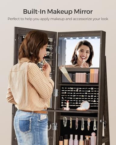 SONGMICS 6 LEDs Lockable Mirror Jewelry Cabinet, 360° Swivel Jewelry Organizer Armoire Standing, Frameless Full-Length Mirror, 3 Storage Shelves, Ash Brown Surface, Black Lining UJJC007K02 - Image 7
