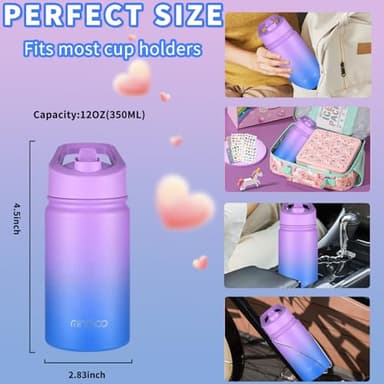 Mininoo Insulated Kids Water Bottle, 12 oz Stainless Steel Water Bottle Kids with Straw Lid and Chug Lid for Girls, Boys (Purple/Blue) - Image 8
