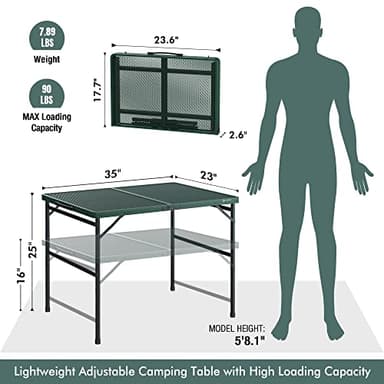 VILLEY Grill Table, 3ft Folding Camping Table with Aluminum Adjustable Legs, Portable Lightweight Camp Table for Beach Picnics and Outdoor Cooking - Image 3