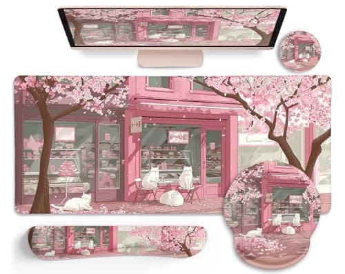 LIMKRIAN Anime Cat Mouse Pad Set, XXL Gaming Mouse Pad with Wrist Rest, Keyboard Mat, Cat Coaster, Cute Office Desk Decor Accessories, Pink Lycra - Image 1