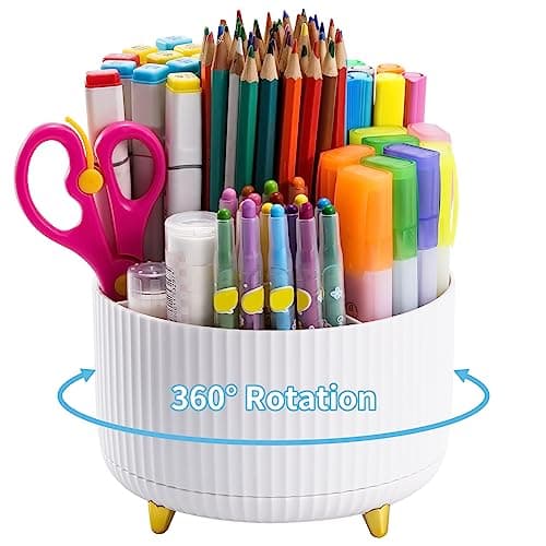 Marbrasse Desk Organizer, 360-Degree Rotating Pen Holder, Desk Organizers and Accessories with 5 Compartments Pencil Holder, Art Supply Storage Box Caddy for Office, Home（White） - Image 1