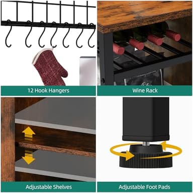 YITAHOME Large Bakers Rack with Power Outlet and Storage Cabinet, 47 Inch Farmhouse Coffee Bar Cabinet, Kitchen Microwave Stand with Wine Shelves and 12 Hooks, Rustic Brown - Image 6