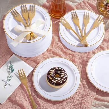 WELLIFE 120 PCS Plastic Dessert Plates and 120 PCS Forks, 6.3 inch Disposable Salad Plate, Premium White Appetizer Plates with Gold Rims Perfect for Parties, Weddings - Image 6