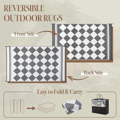 OMERAI Reversible Waterproof Outdoor Rug for Backyard,Plastic Textured Resistant Outdoors Rugs,Portable Washable Easy Cleaning Foldable Camping Beach Carpet for Patio Courtyard, 5'x8' Gray & White - Image 4