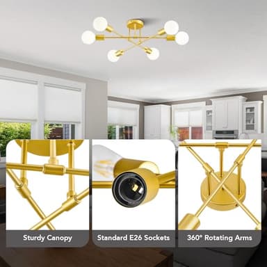 VONLUCE 6-Light Sputnik Light Fixture, 6-Light Flush Mount Ceiling Lights Gold with E26 Base, Modern Sputnik Chandelier for Living Room Kitchen Hallway Bedroom - Image 4