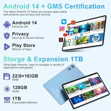 Tablet Android 14 Tablets 10.1 inch with 22GB+128GB/1TB Expandable, Octa-Core, 8000mAh, Support Widevine L1, Android Tablet with Keyboard Mouse - Metal Blue - Image 3