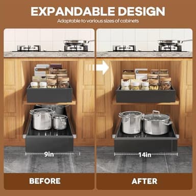 Seinloes 4 Pack Expandable (9"-14") Pull Out Cabinet Organizer 21" Deep With Raising Pad for Framed Cabinets,Upgrade 3 Slide Rails Slide Out Drawers,No Drill Roll Out Shelves Adhesive,Black - Image 3