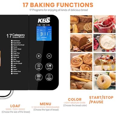 KBS 17-in-1 Bread Maker-Dual Heaters, 710W Machine Stainless Steel with Gluten-Free, Dough Maker,Jam,Yogurt PROG, Auto Nut Dispenser,Ceramic Pan& Touch Panel, 3 Loaf Sizes 3 Crust Colors,Recipes - Image 2