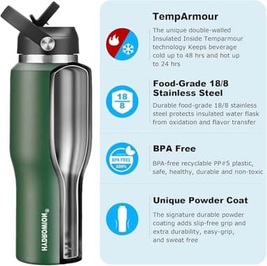 40 oz Insulated Water Bottle with Straw fit in Car Cup Holder(Cold 48 hrs, Hot 24 hrs) Drinking Bottle with Straw Lid, Spout Lid and Flex Cap Leakproof Travel Thermo Mug,Olive - Image 2
