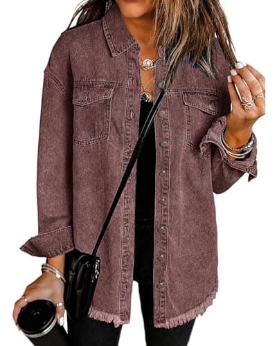 Vetinee Women's Oversized Boyfriend Brown Stone Front Button Up Frayed Raw Hem Long Sleeve Pockets Denim Jean Jacket Shacket Large Size 12 Size 14 - Image 1