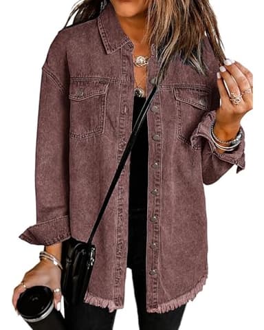 Vetinee Women's Oversized Boyfriend Brown Stone Front Button Up Frayed Raw Hem Long Sleeve Pockets Denim Jean Jacket Shacket Large Size 12 Size 14 - Image 1