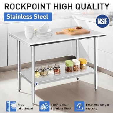 ROCKPOINT Stainless Steel Table for Prep & Work 24x48 Inches, NSF Metal Commercial Kitchen Heavy Duty Table with Adjustable Under Shelf and Table Foot for Restaurant, Home and Hotel - Image 4