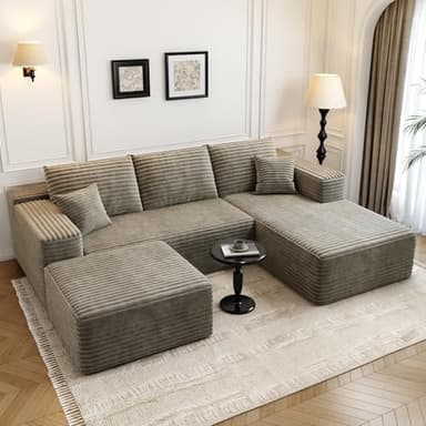 107.5"Cloud Modular Sectional Couch with 1 Ottoman,Modern Minimalist Upholstered Couches, Comfort U Shaped Sofa for Living Room,Deep Seat Corner Couch，No Assembly Required (Camel,Right Facing Chaise) - Image 1